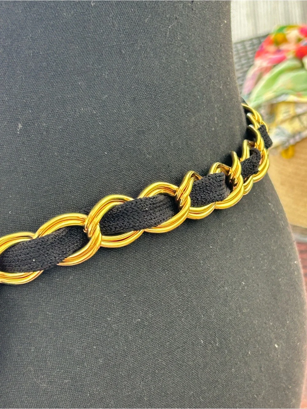 Couture style chunky gold tone and black textile woven chain belt